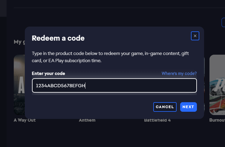 A window prompts you to enter your code